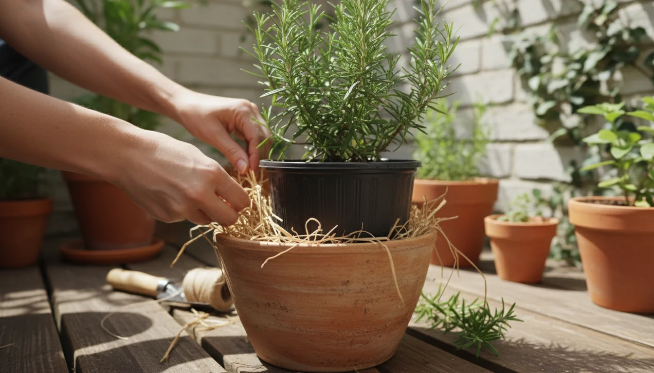 Person's hands adding straw insulation between a rosemary plant in a black nursery pot and a larger terracotta planter on a sun-dappled patio.