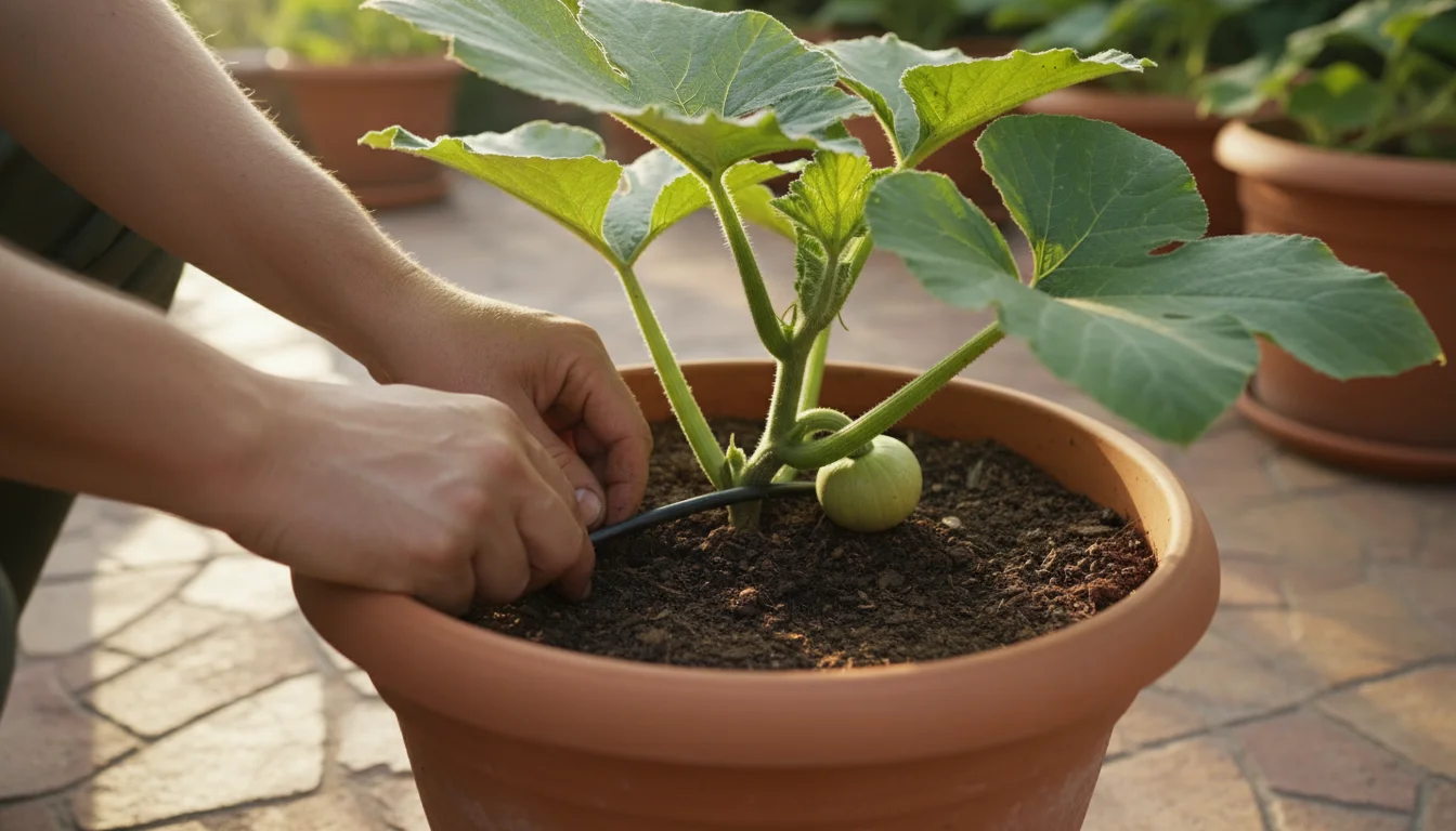 Person's hands adjusting a drip line for a small pumpkin plant in a terracotta pot on a patio.