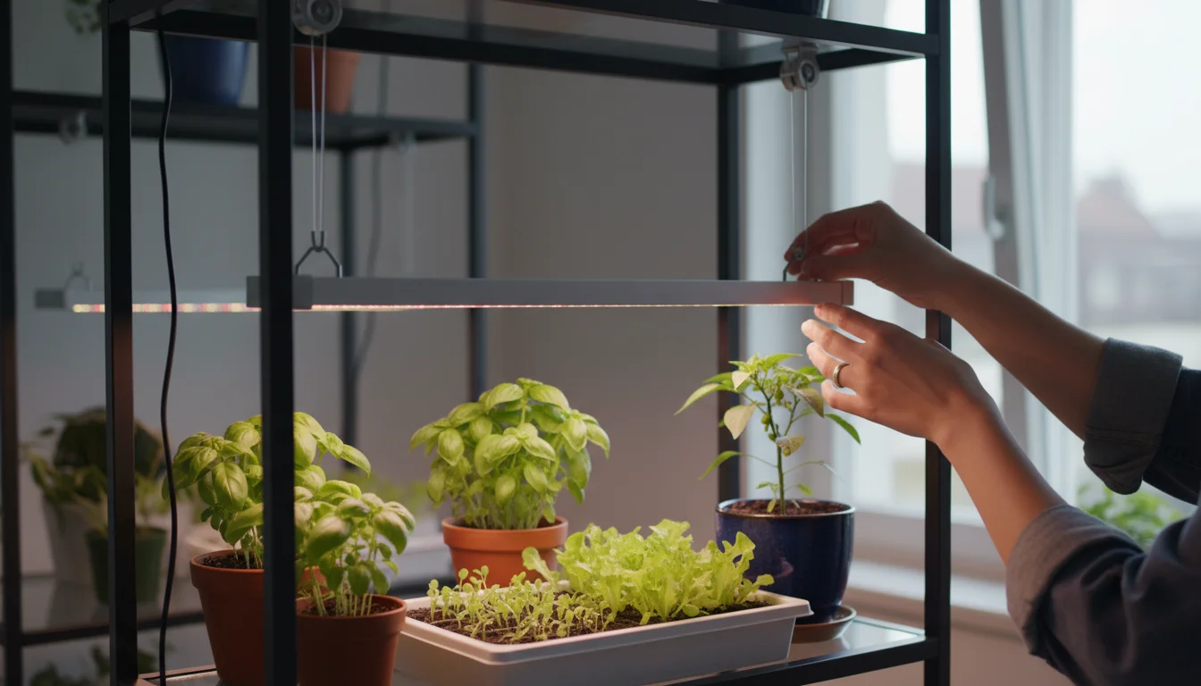 Person's hands adjusting the height of a suspended LED grow light over small container plants on a vertical shelving unit.