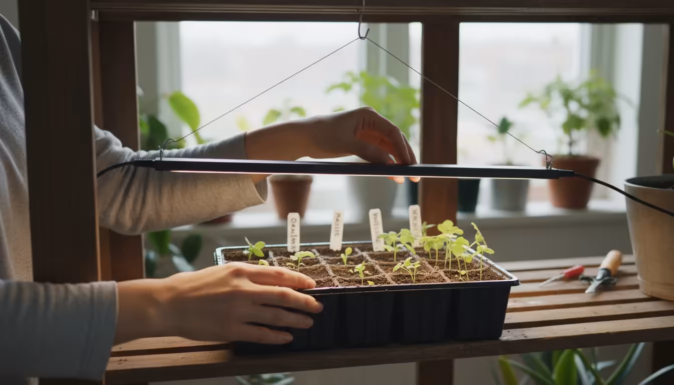 A person's hands adjusting a modern LED grow light directly above a tray of healthy, compact basil and tomato seedlings in an apartment.