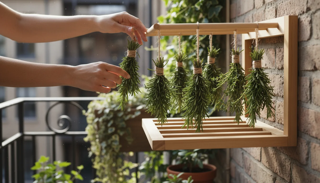 A person's hands gently adjusting small bundles of rosemary and thyme hanging to air dry from a wooden rack on an urban balcony.