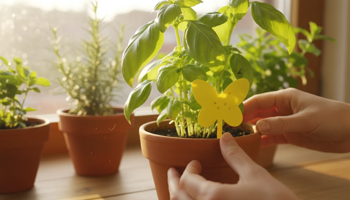 Person's hands adjusting a yellow sticky trap in a potted herb on a windowsill, showing tiny gnats caught.
