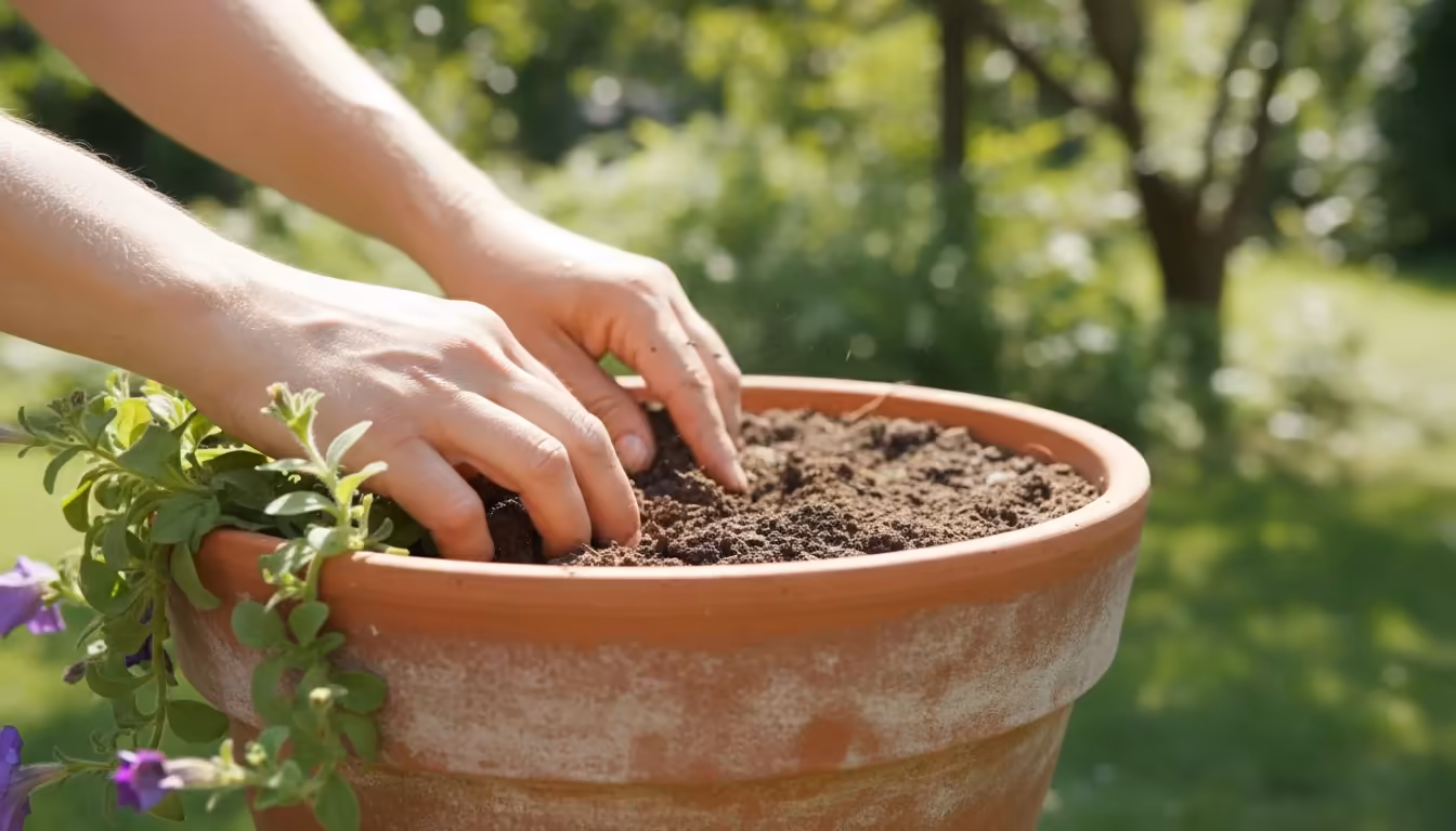Close-up of a person's hands gently aerating and loosening dry, compacted soil in a round terracotta-style pot with a container plant.