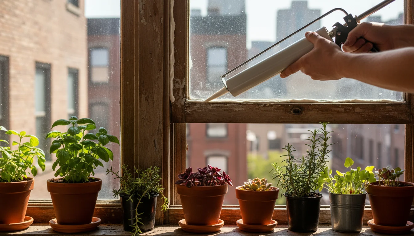 A person's hands apply caulk to an old window frame, surrounded by thriving potted herbs and succulents on a sunny windowsill.