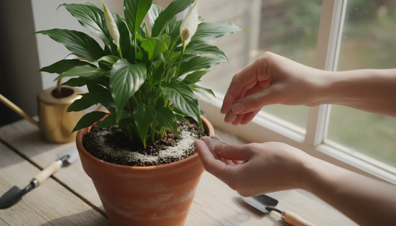 Person's hands apply light-colored horticultural sand onto the soil of a small potted green plant, in a terracotta pot.