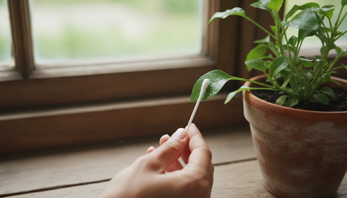 A person's hands gently apply a solution with a cotton swab to the underside of a leaf on a small potted plant on a sunlit windowsill.