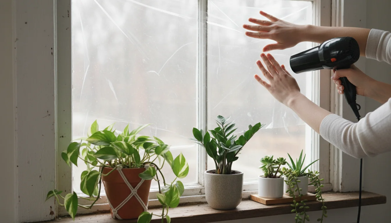 Close-up of a person's hands applying clear film to a drafty window frame above a small shelf with diverse healthy houseplants.