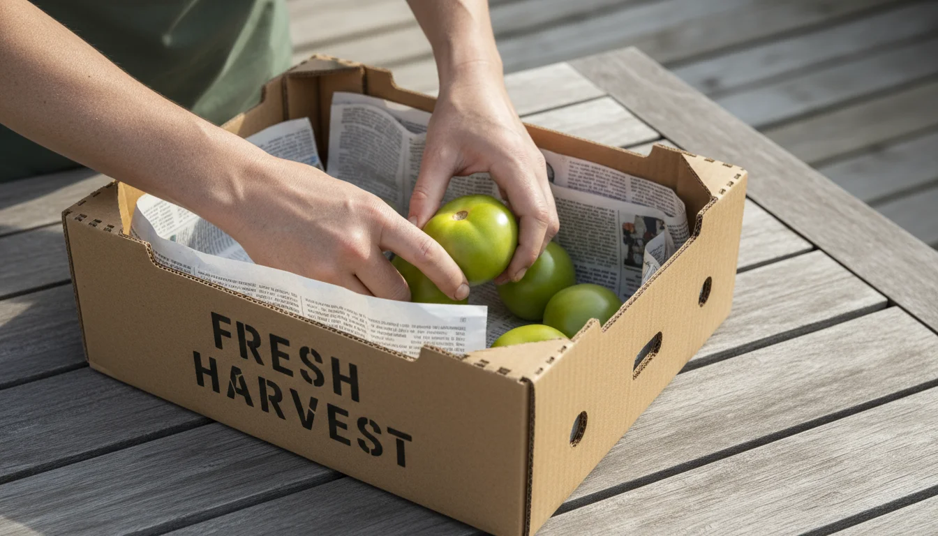 A person's hands carefully arrange mature green tomatoes in a single layer inside a cardboard box lined with newspaper on a wooden table.