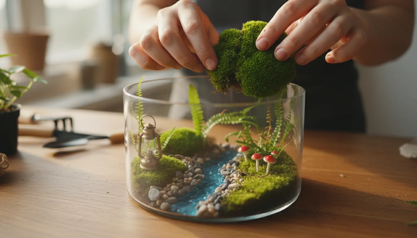 A person's hands carefully arrange miniature plants, moss, and small stones inside a clear glass terrarium on a wooden table.