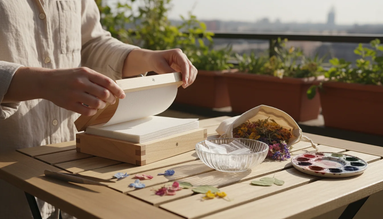 A person's hands arrange paper in a flower press on a patio table next to silica gel and a flower with faint mold.
