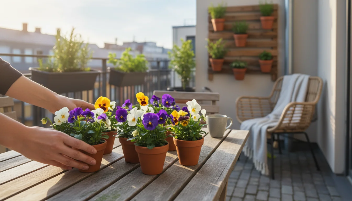 A person's hands gently arrange small terracotta pots of pansies on a patio table, with a vertical garden visible in the blurred background.