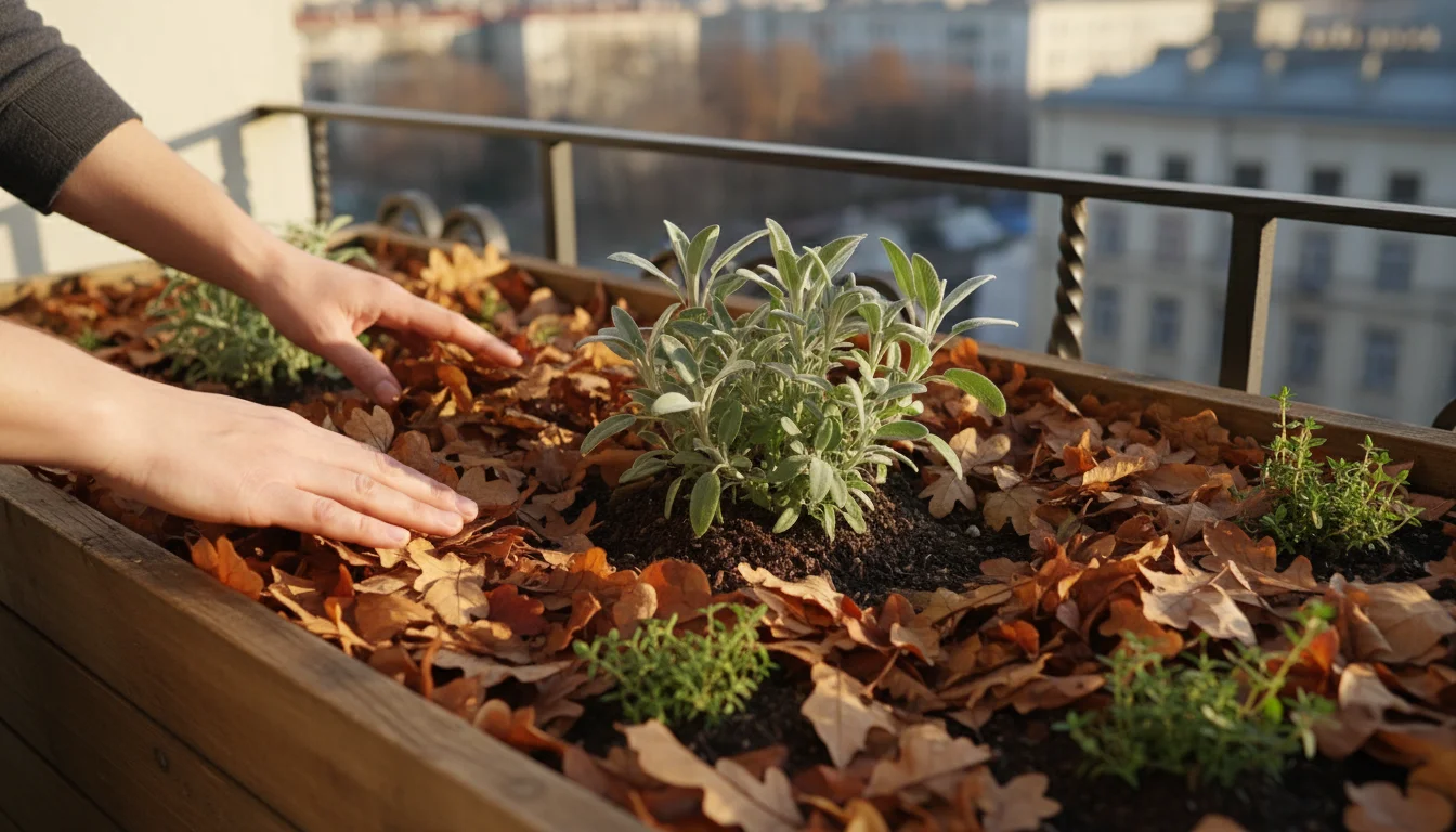 Person's hands gently arranging dried autumn leaves as mulch in a long balcony planter, carefully leaving space around a plant stem.