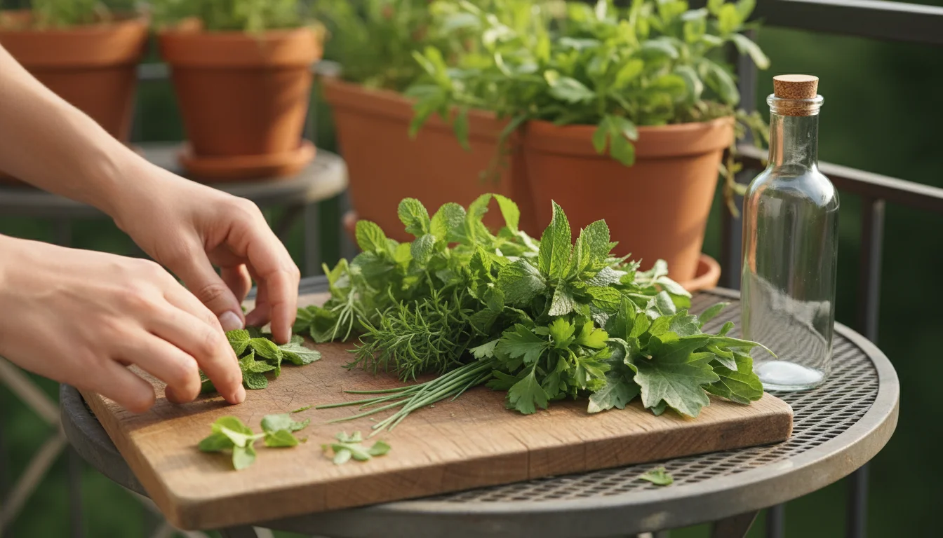 Person's hands arranging fresh mint, tarragon, chives, parsley, lemon verbena, and lovage on a cutting board on a balcony table.