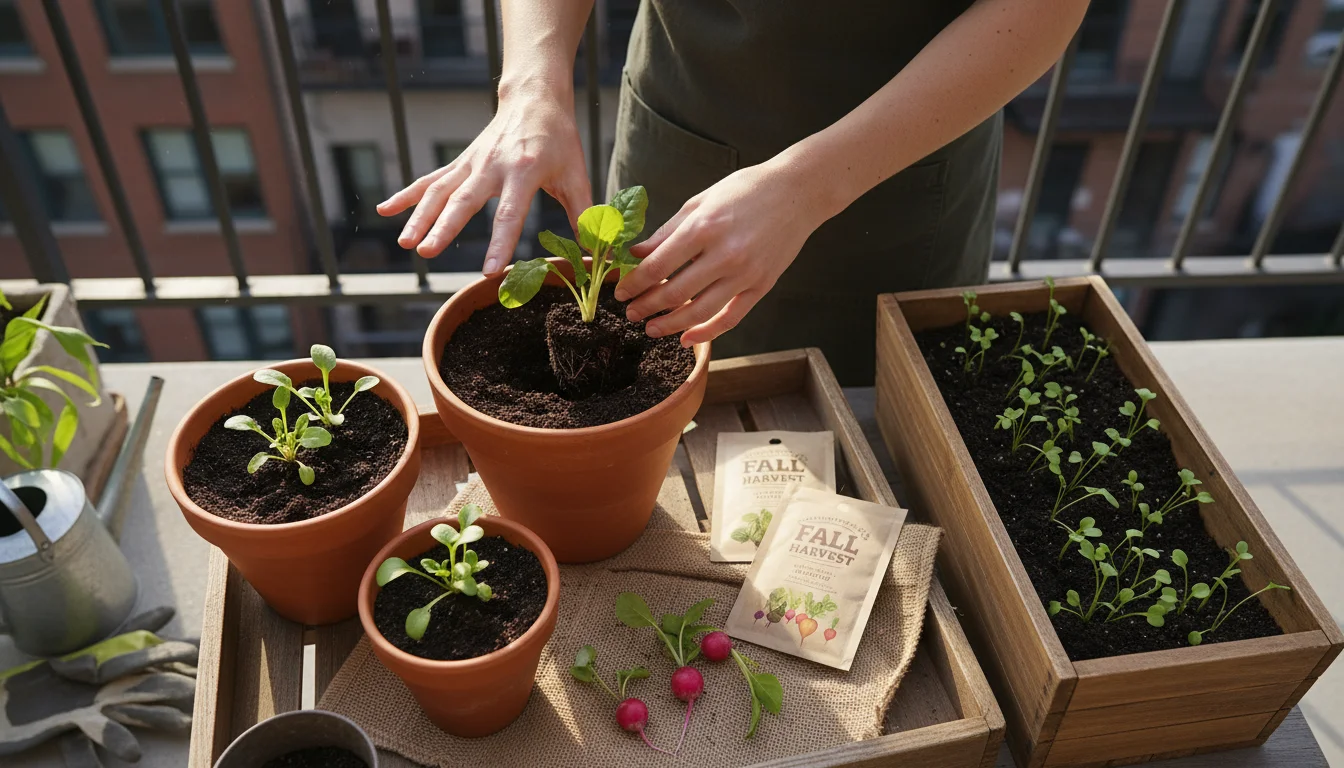 Person's hands arranging small kale, chard, and radish plant starts into terracotta pots and a balcony box on an urban patio. Seed packets are nearby.