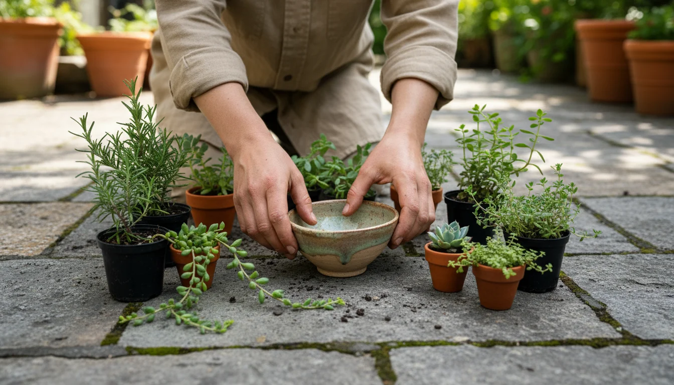 Person's hands arranging small potted herbs and succulents like rosemary, thyme, sedum, and Echeveria around an empty ceramic bowl on a stone patio.