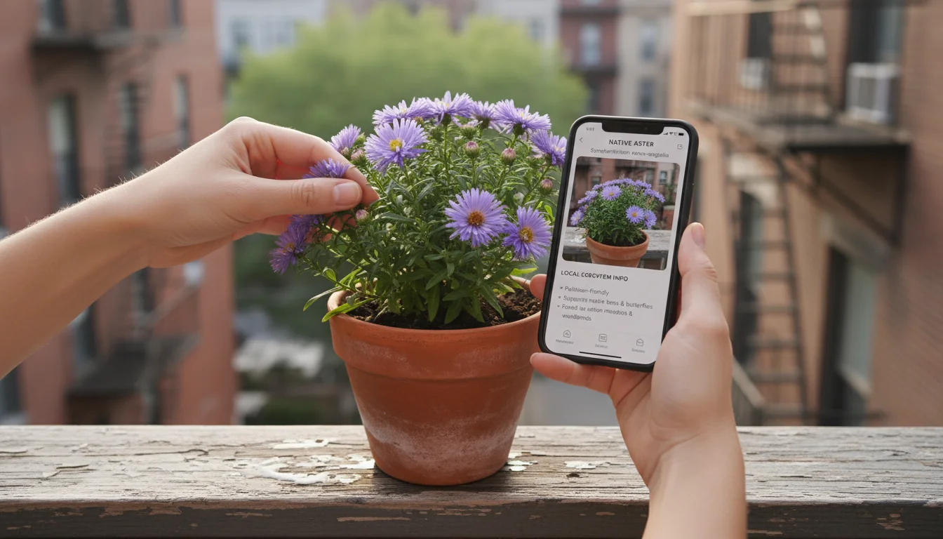 A person's hands on a balcony, one gently touching a native aster in a terracotta pot, the other holding a smartphone displaying a plant identificatio