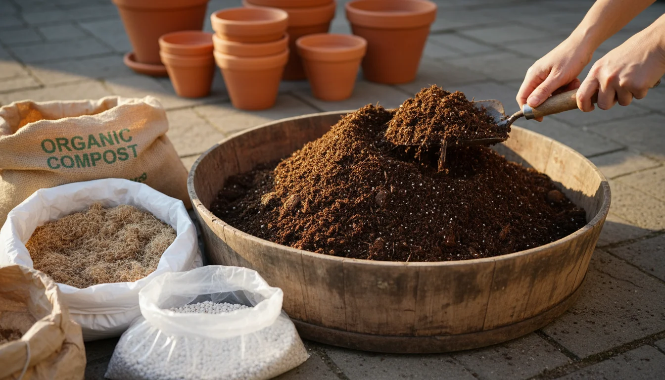 A person's hands blend compost, coconut coir, and perlite in a large tub on a patio for potting mix.