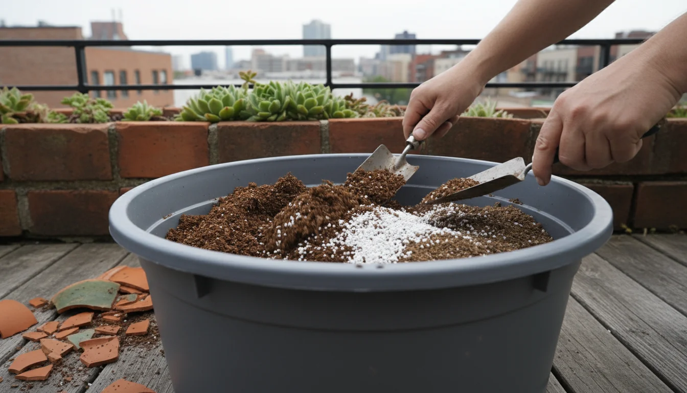 A person's hands blend dark leaf mold, white perlite, and potting mix in a tub on a wooden balcony deck.
