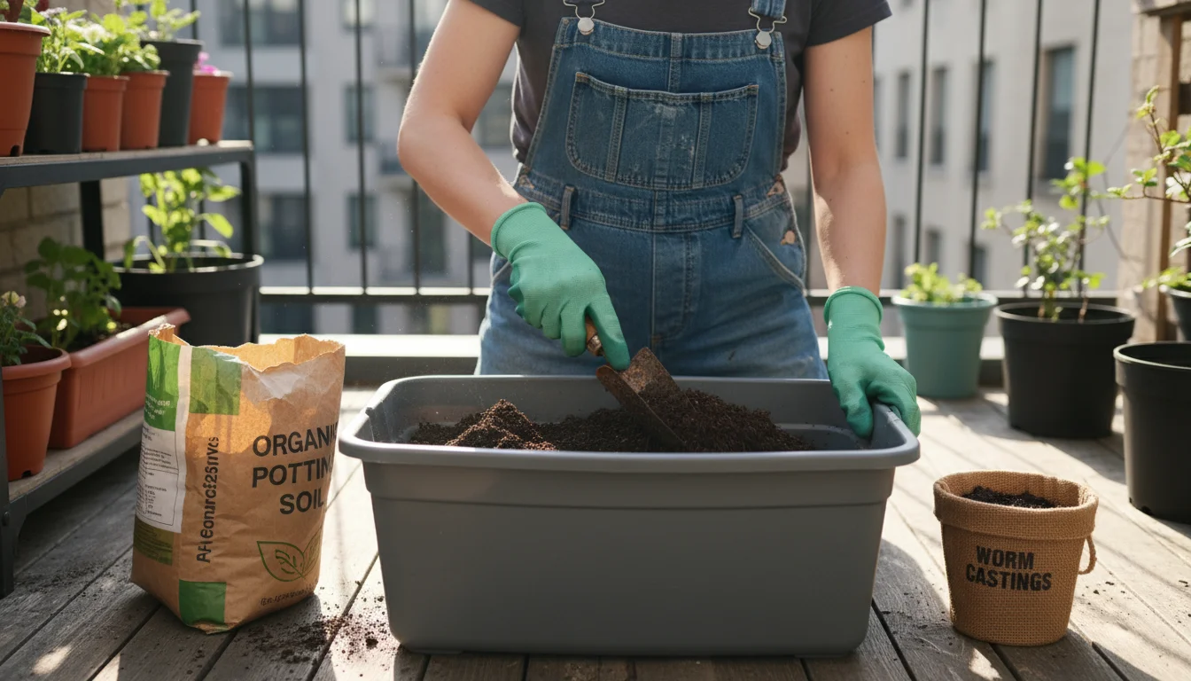 A person's hands blend dark potting mix with a trowel in a grey tub on a balcony, with compost and empty pots nearby.