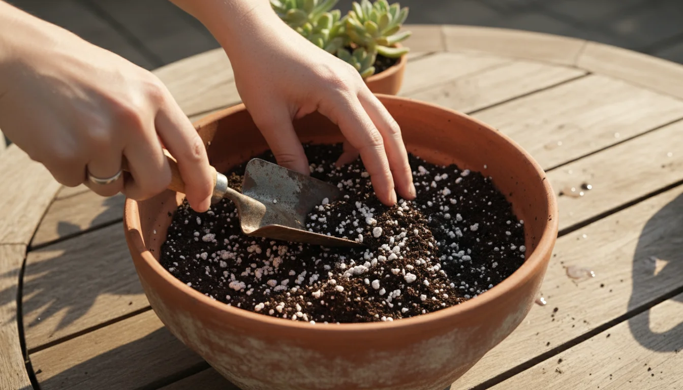 A person's hands blend dark potting mix with white perlite using a trowel inside a terracotta pot on a wooden patio table.
