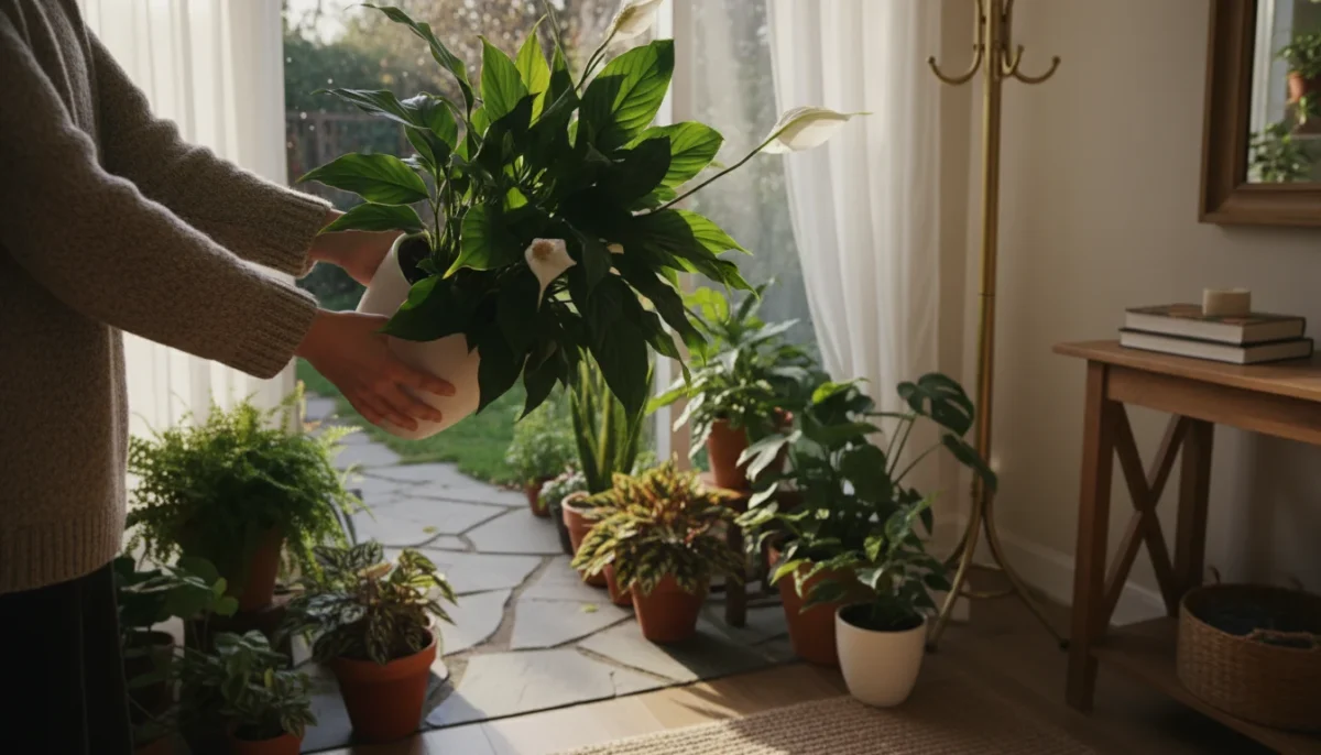 Person's hands gently carrying a potted peace lily from a small patio into a home, surrounded by other container plants.
