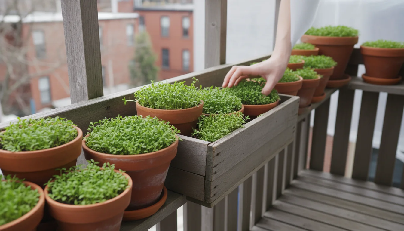 Person's hands gently check bright green cover crop seedlings in terracotta pots on a wooden balcony bench, with a small watering can nearby.