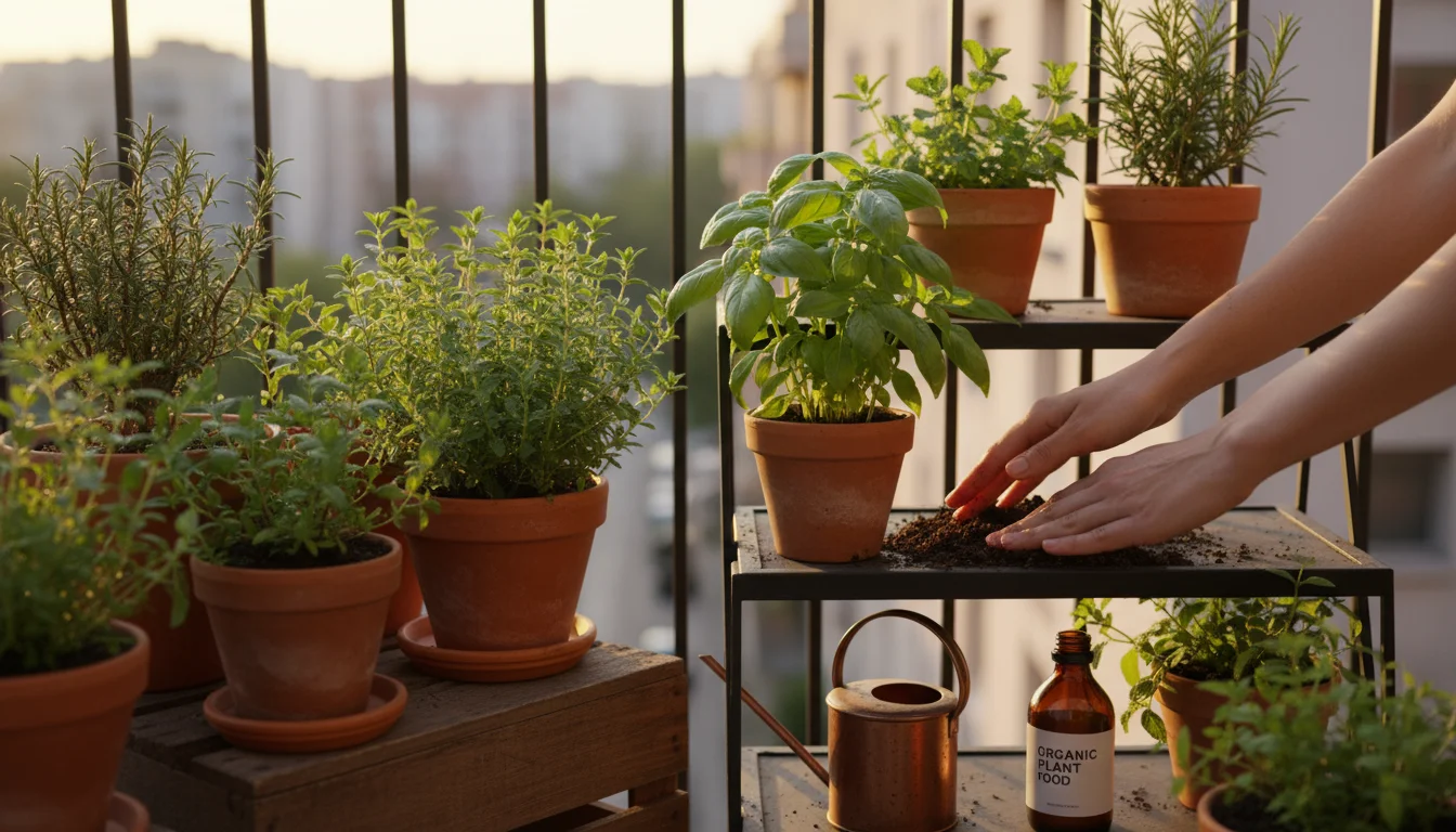 Person's hands check soil moisture in a basil pot on an urban balcony among other flourishing herbs.