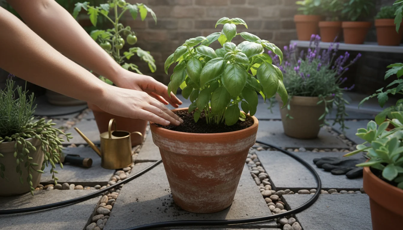 Person's hands gently checking basil plant soil moisture on a patio; a subtle micro-drip line visible among container plants.