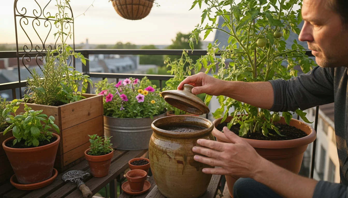 A person's hands checking both a fertilizer tea crock and the soil of a balcony tomato plant, surrounded by various containers.