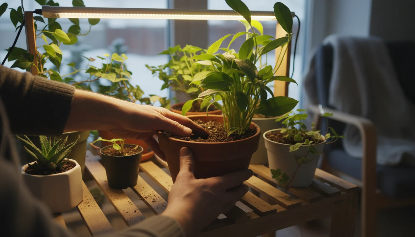 Person's hands checking dry soil and lifting a terracotta pot under a warm grow light, with other plants on a shelf.