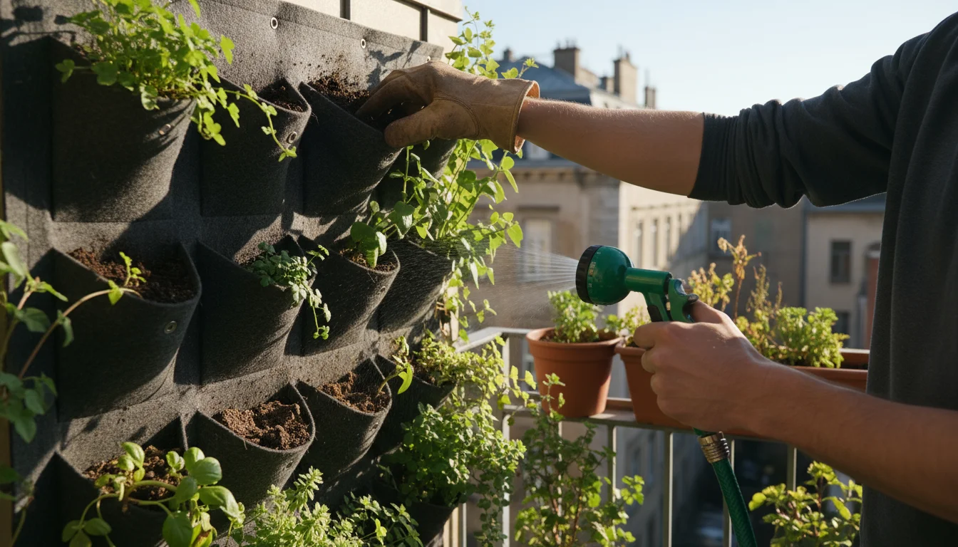 Person's hands checking dry soil in a wall-mounted vertical garden pocket, holding a hose with a fine spray nozzle on a sunny balcony.