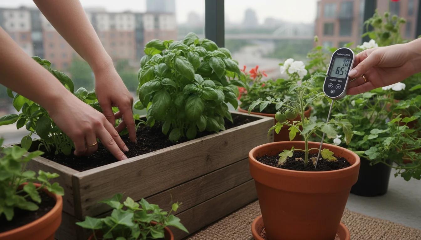 Person's hands checking soil moisture with finger test in a planter and holding a moisture meter on an urban balcony.