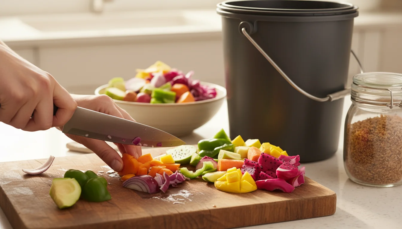 A person's hands chop colorful vegetable and fruit scraps on a wooden cutting board, with a bokashi bucket and collection bowl blurred in the backgrou