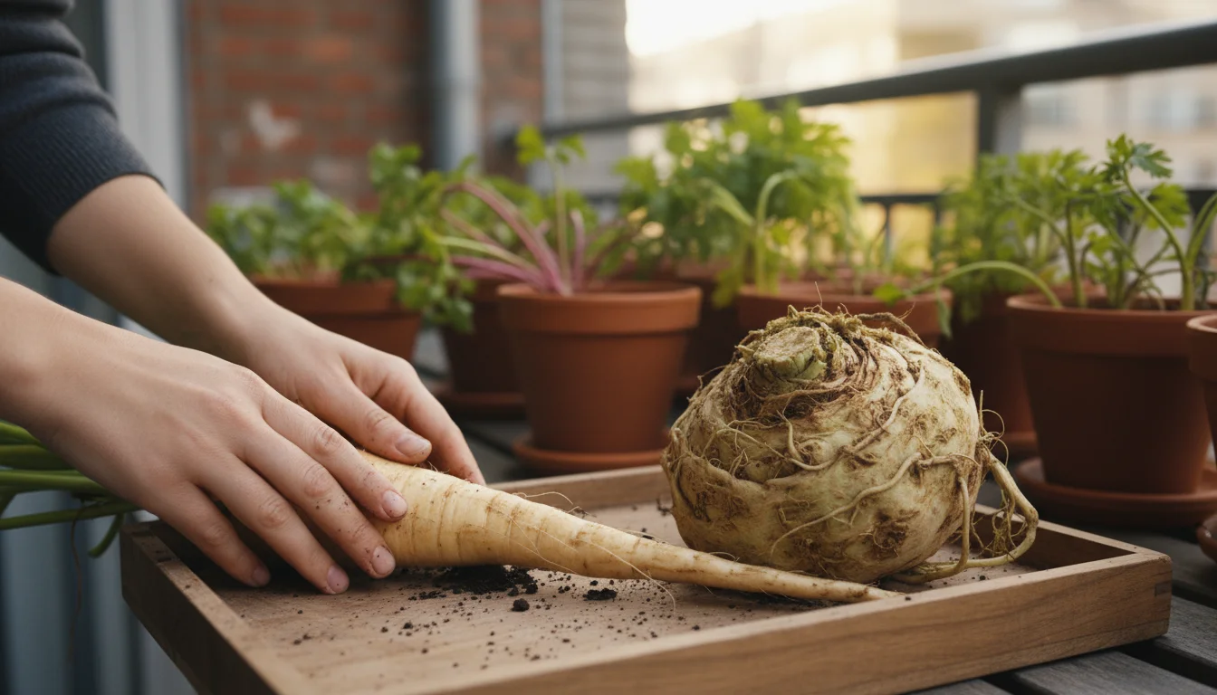 Person's hands clean a freshly dug parsnip on a wooden tray with celeriac. Deep pots with green tops blur in the background.