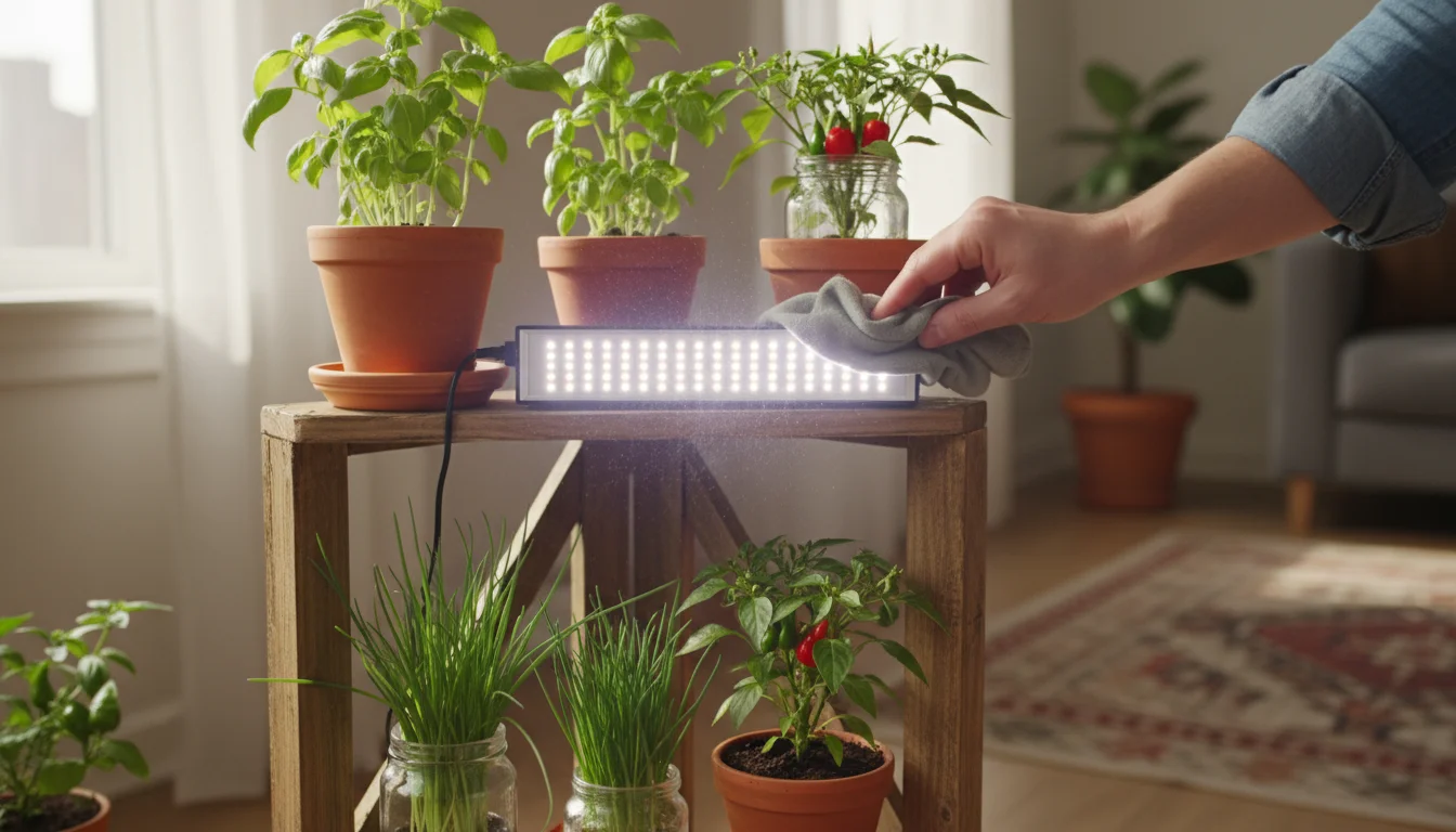 A person's hands cleaning dust from a compact LED grow light panel mounted above a tiered shelf with small container plants.