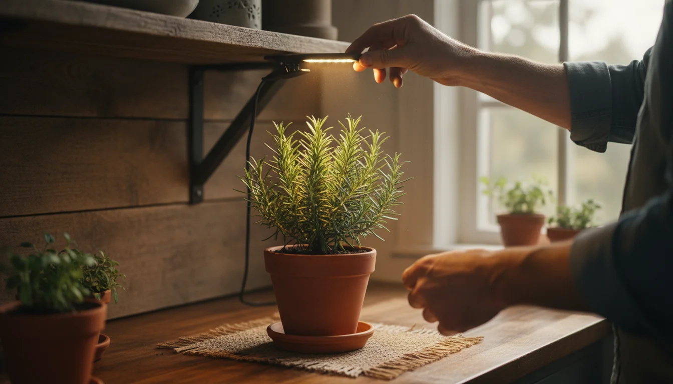A person's hands clip a small LED grow light onto a shelf above a potted rosemary plant in a bright kitchen corner.