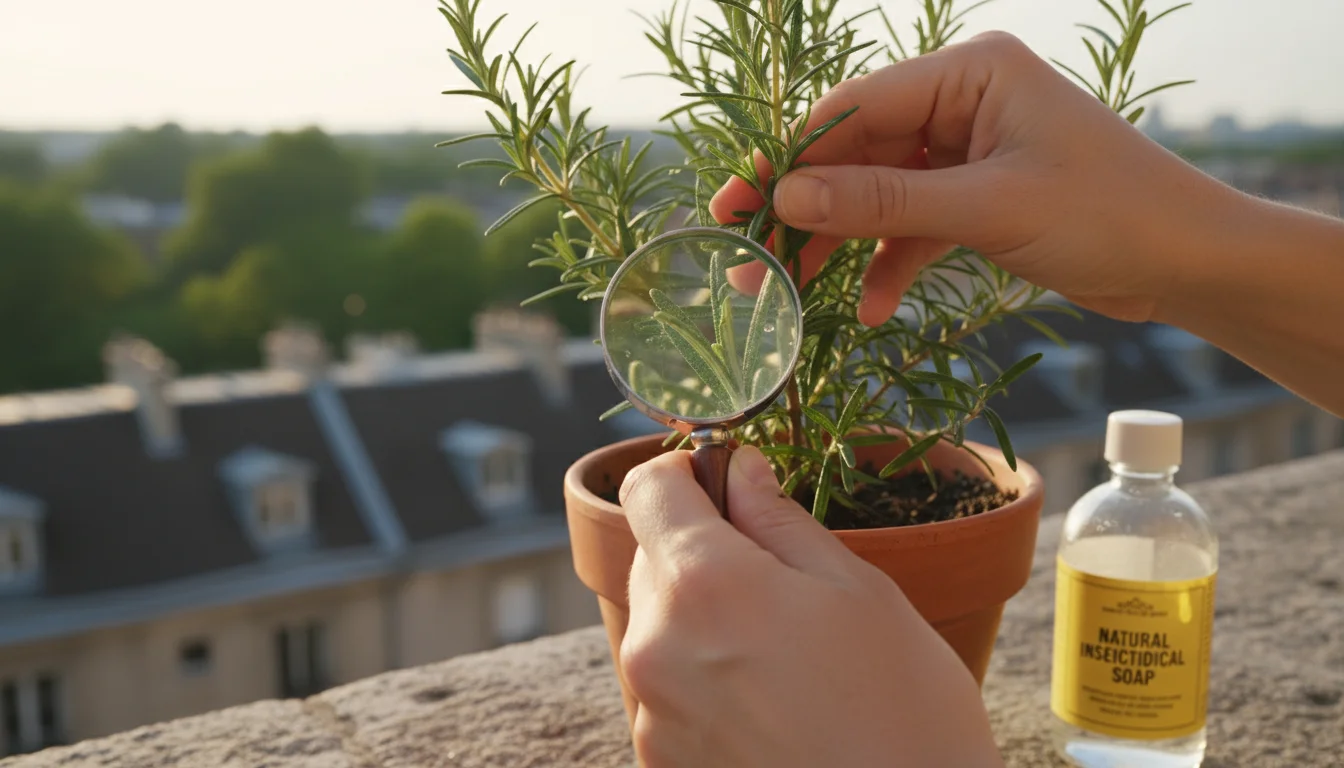 Person's hands closely inspecting rosemary leaves with a magnifying glass on a sunny balcony, an insecticidal soap bottle in the background.