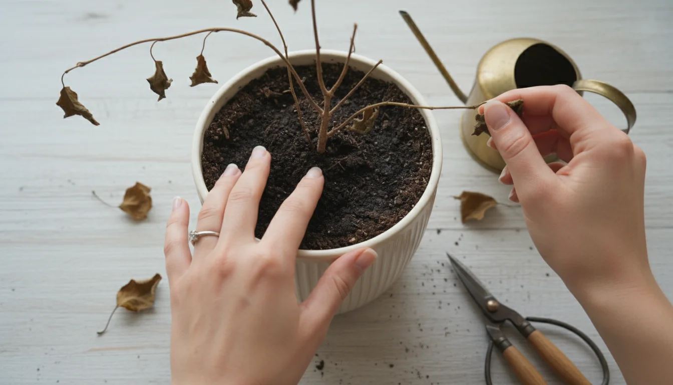 A person's hands closely examining the soil and a bare stem of a container plant, with fallen, discolored leaves on the table.