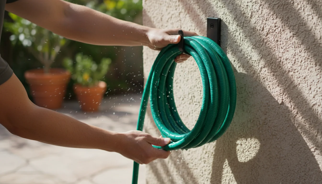 Person's hands neatly coiling a bright green, damp garden hose onto a black wall hook on a sunlit patio wall, vertical herb planter nearby.