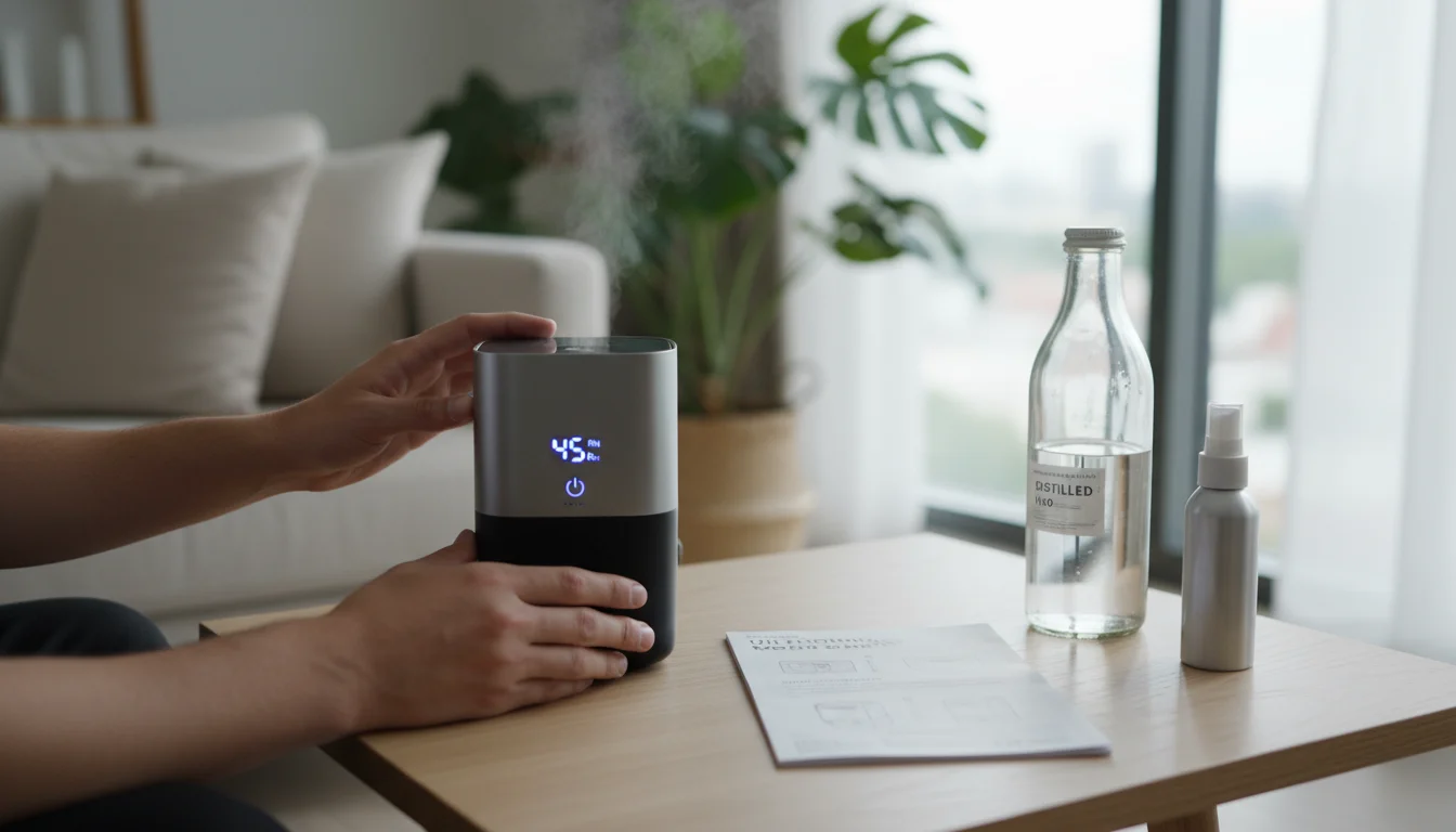 Person's hands examining a compact humidifier and its manual on a table next to a distilled water bottle and potted plants.