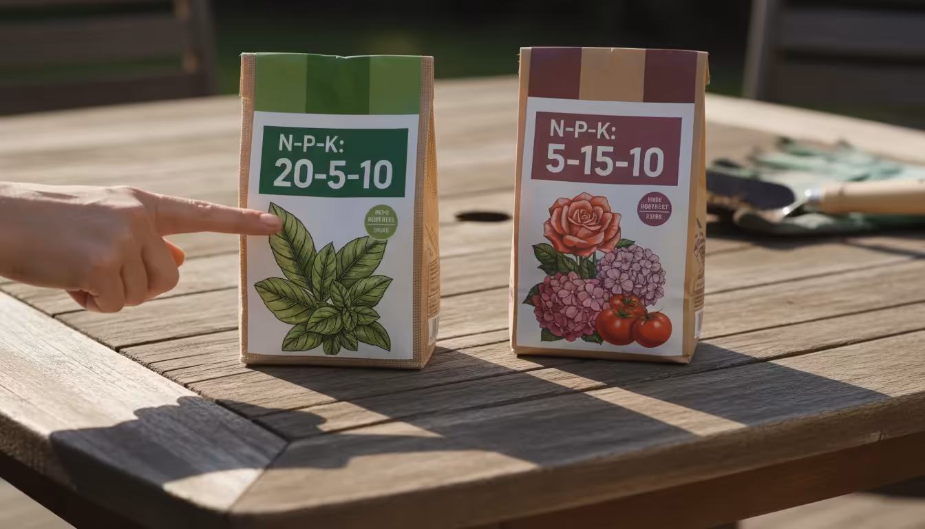 A person's hands compare two fertilizer packages, one for foliage (high N) and one for blooms/fruits (high P), next to a basil plant and a patio tomat