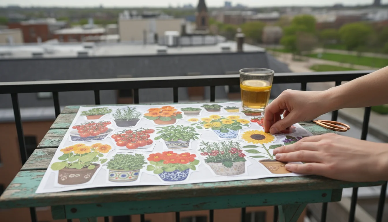 A person's hands comparing a seed packet to a matching plant image on a colorful paper collage dream board, with potting mix and empty pots nearby.