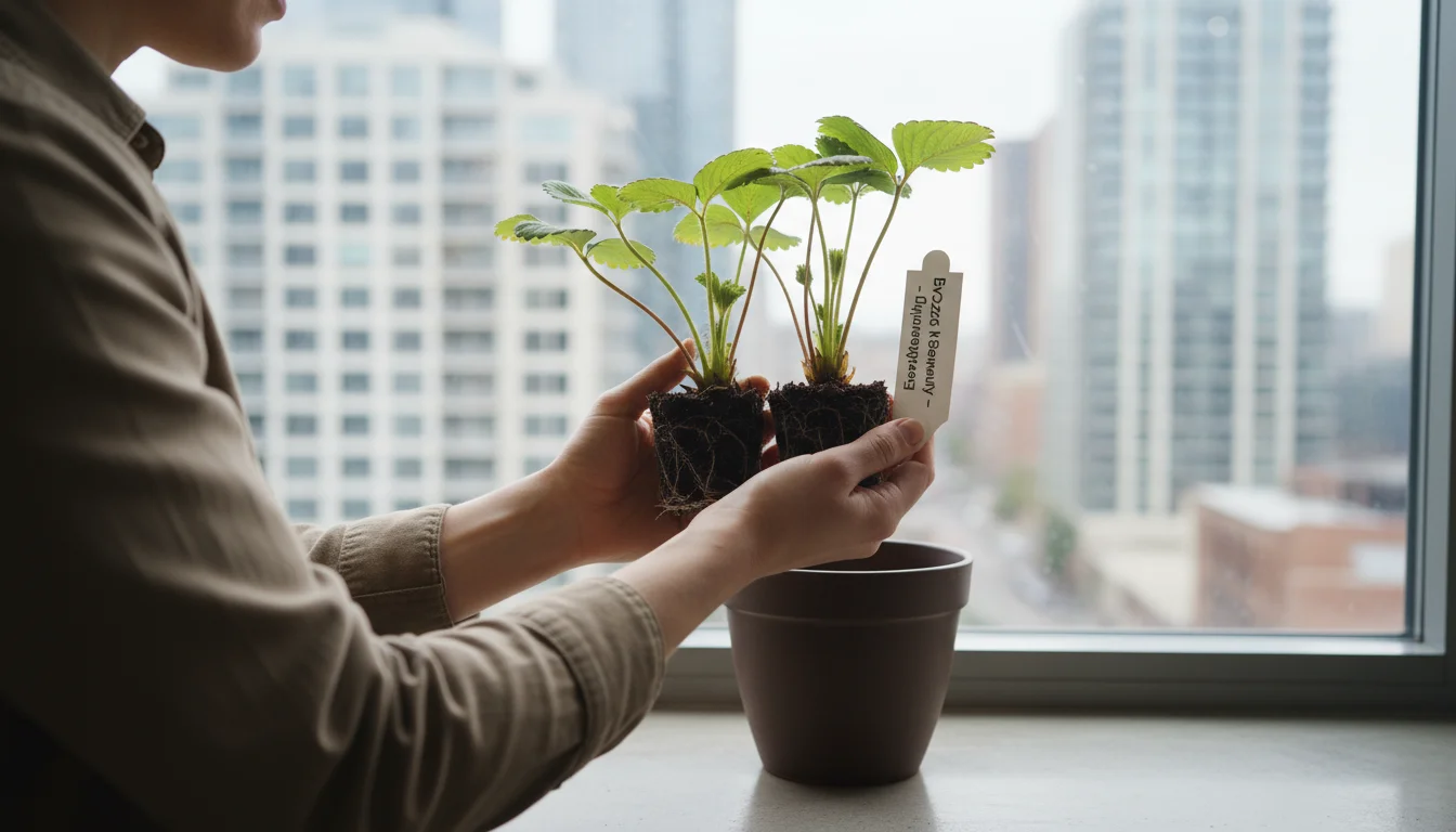 Person's hands comparing two bare-root strawberry plants with 'Everbearing' and 'Day-Neutral' tags, near an empty window box.