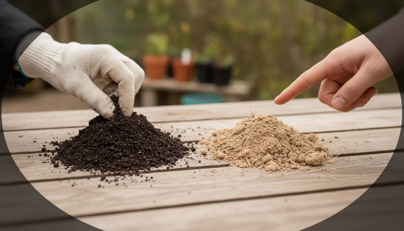 A person's hands comparing two piles of worm castings: one dark, crumbly, and rich; the other lighter, sandier, and less processed.