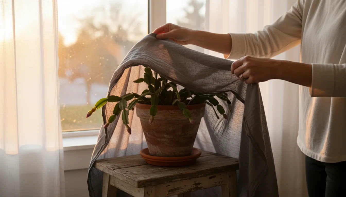 Person's hands gently covering a potted Christmas Cactus with a dark cloth next to a window, preparing it for darkness.