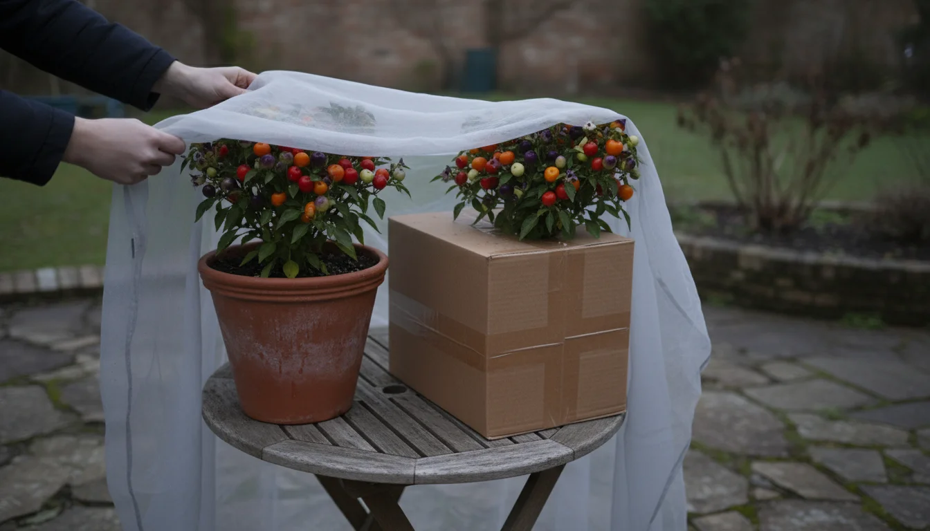 Person's hands covering a potted ornamental pepper plant with a light sheet on a patio, another plant is already under a cardboard box.