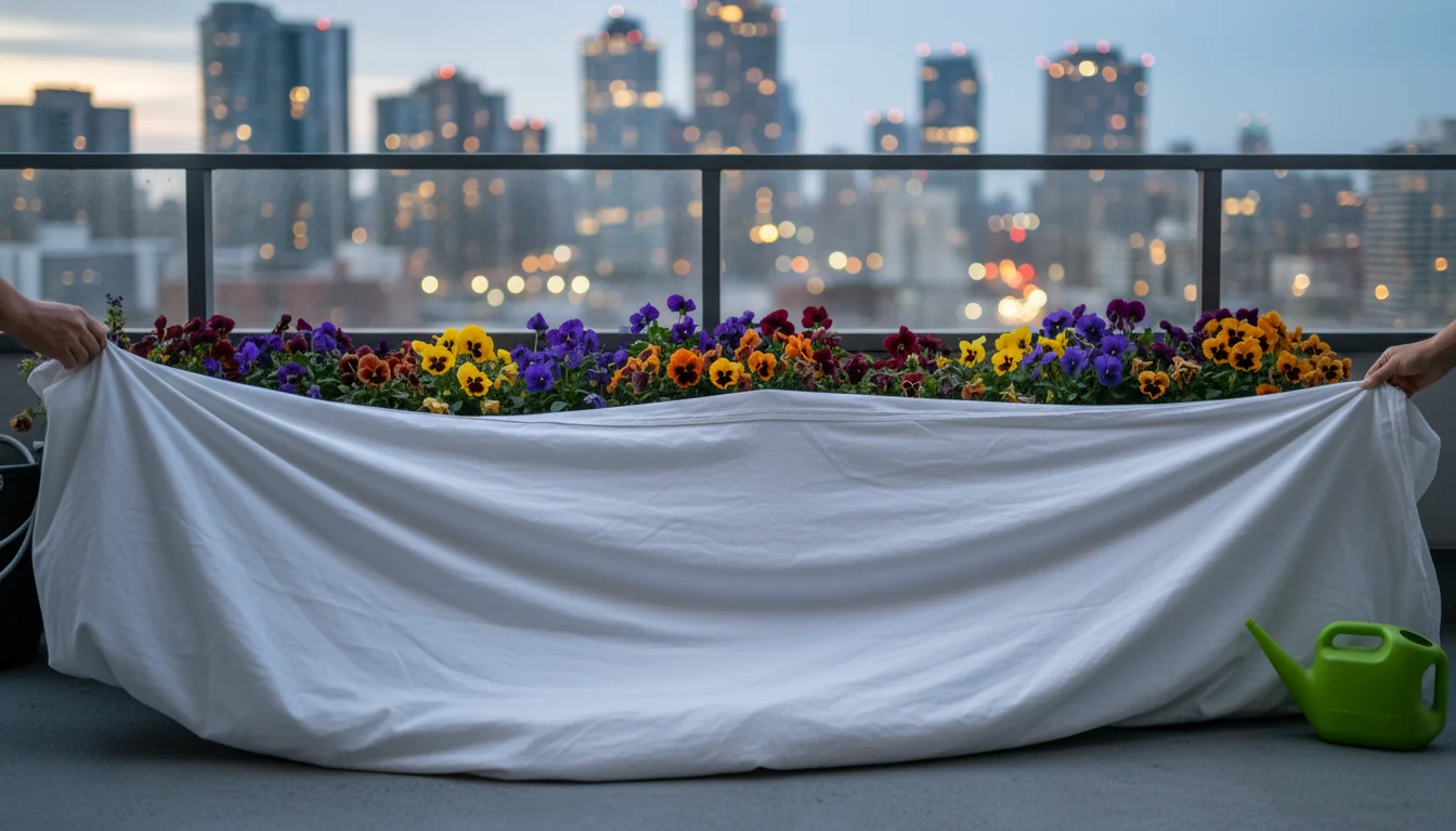 Person's hands covering vibrant fall pansies in a balcony planter with a white bedsheet as dusk falls.