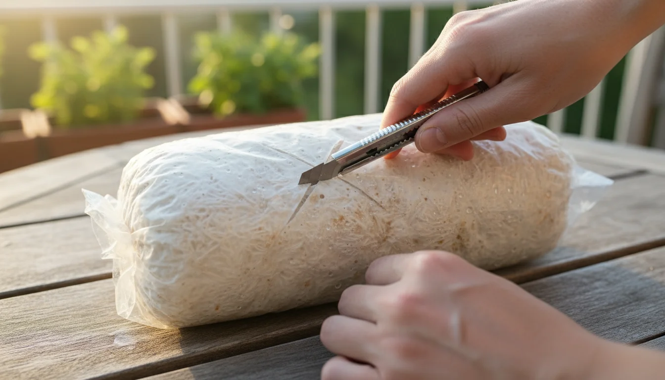 A person's hands carefully cut an 'X' into the plastic bag of an oyster mushroom grow kit, resting on a rustic wooden balcony table.
