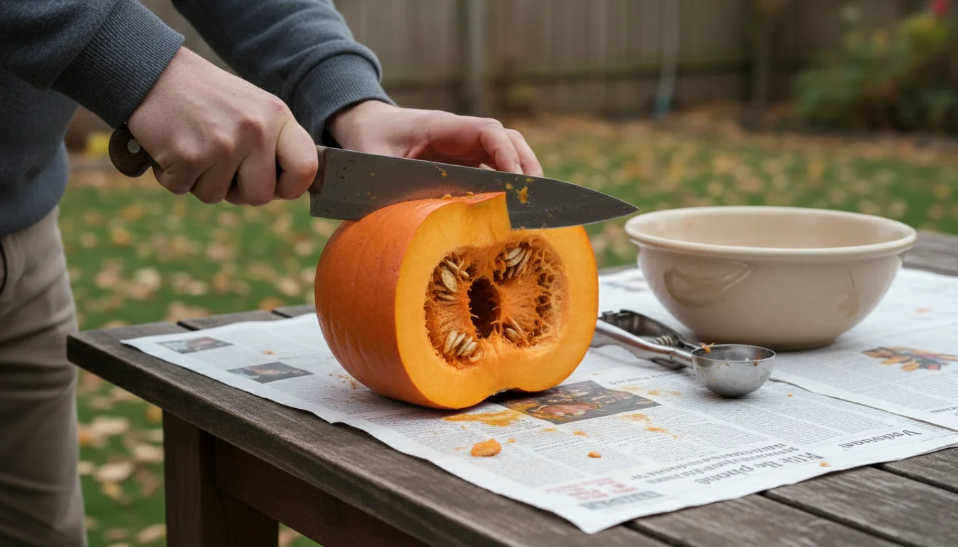 Person's hands cutting a pumpkin in half on a newspaper-covered outdoor table, with an ice cream scoop and mixing bowl nearby.