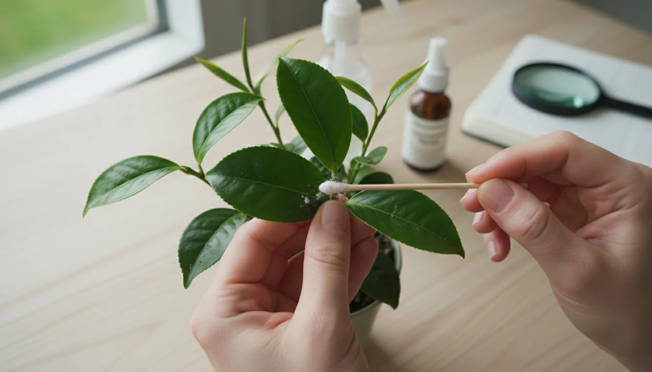 Person's hands dabbing a small white mealybug cluster on a potted tea plant's leaf axil with a cotton swab on a wooden surface.